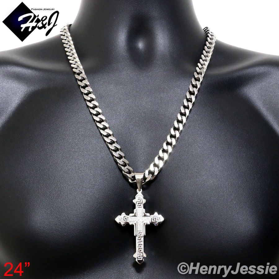 24″MEN Stainless Steel HEAVY 9mm Silver Cuban Curb Necklace Cross Pendant*K20