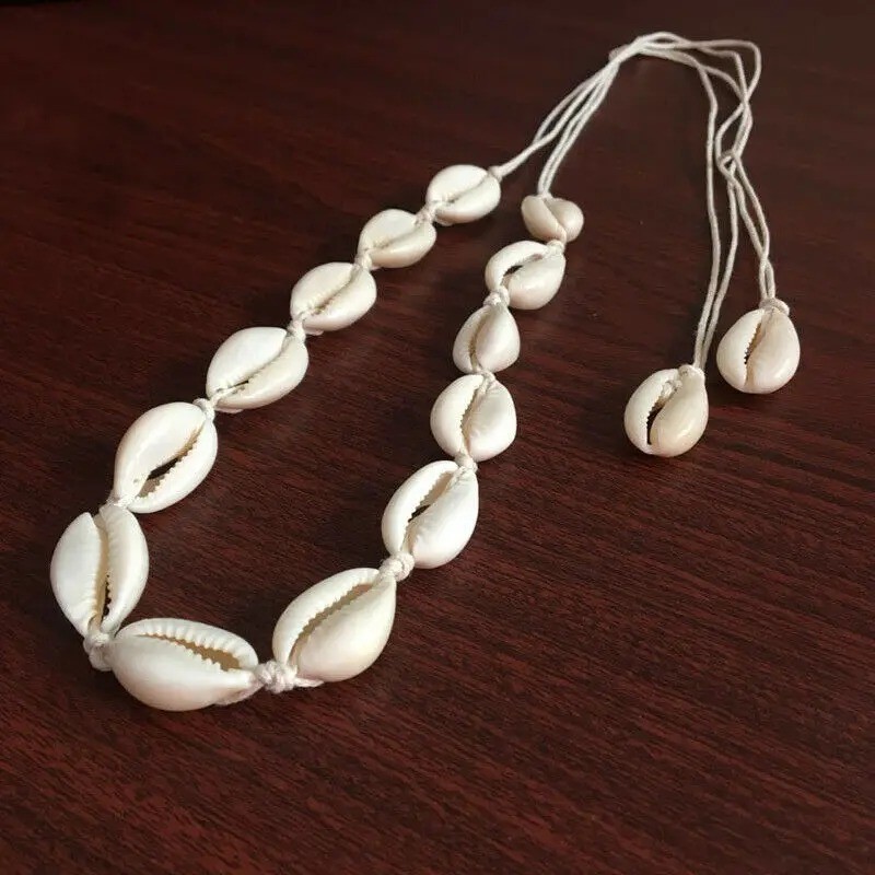 Cowrie Shell Choker Boho White String Necklace Surfer Beach Conch Puka, Hawaiian