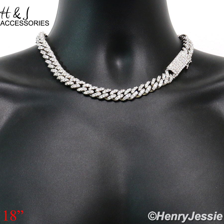 MEN 14K WHITE GOLD PLATED 18″-24″X12MM CZ PRONG SET CURB CHAIN NECKLACE*ABN5