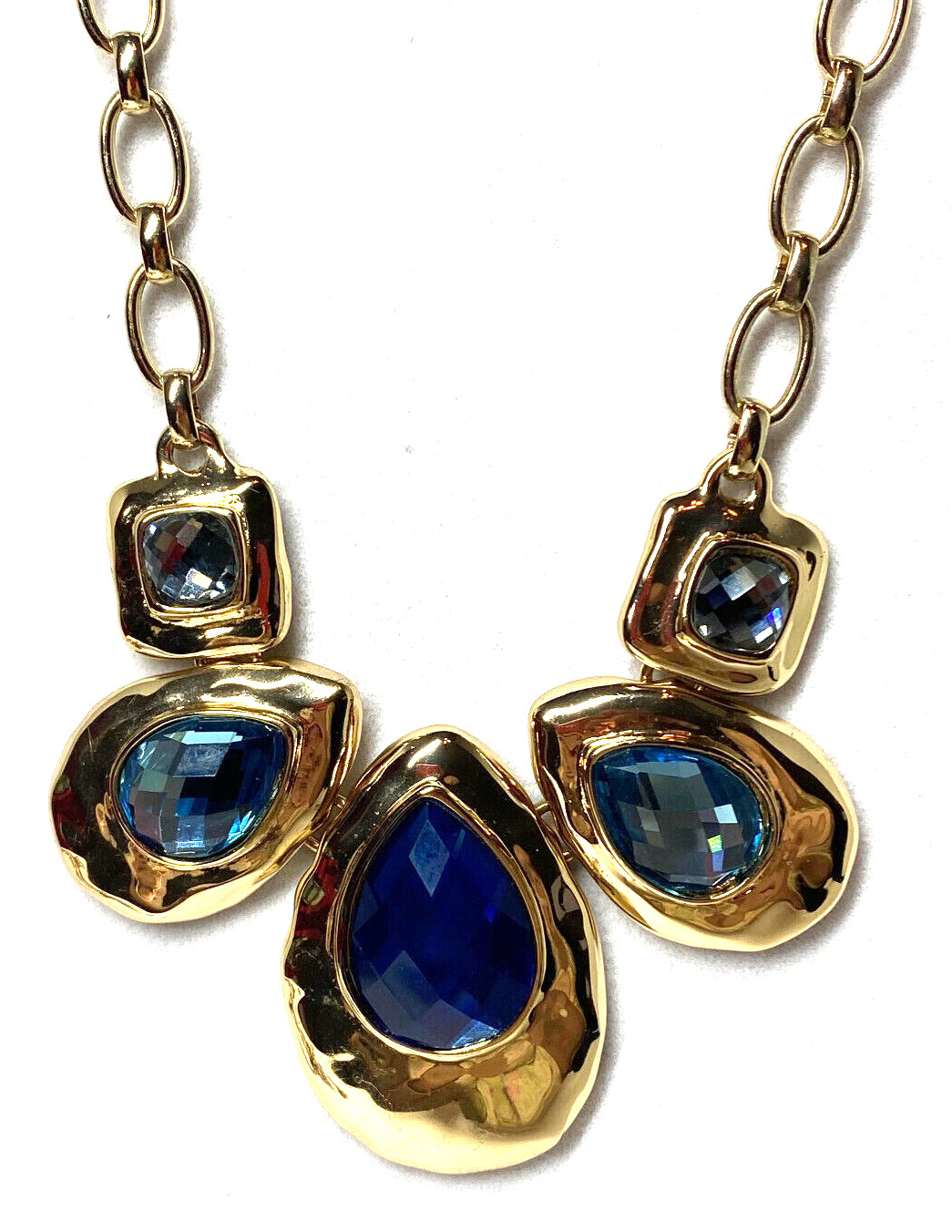 Bella Jack Gold Tone Necklace With Blue Teardrop and Square Gray Stones 21″