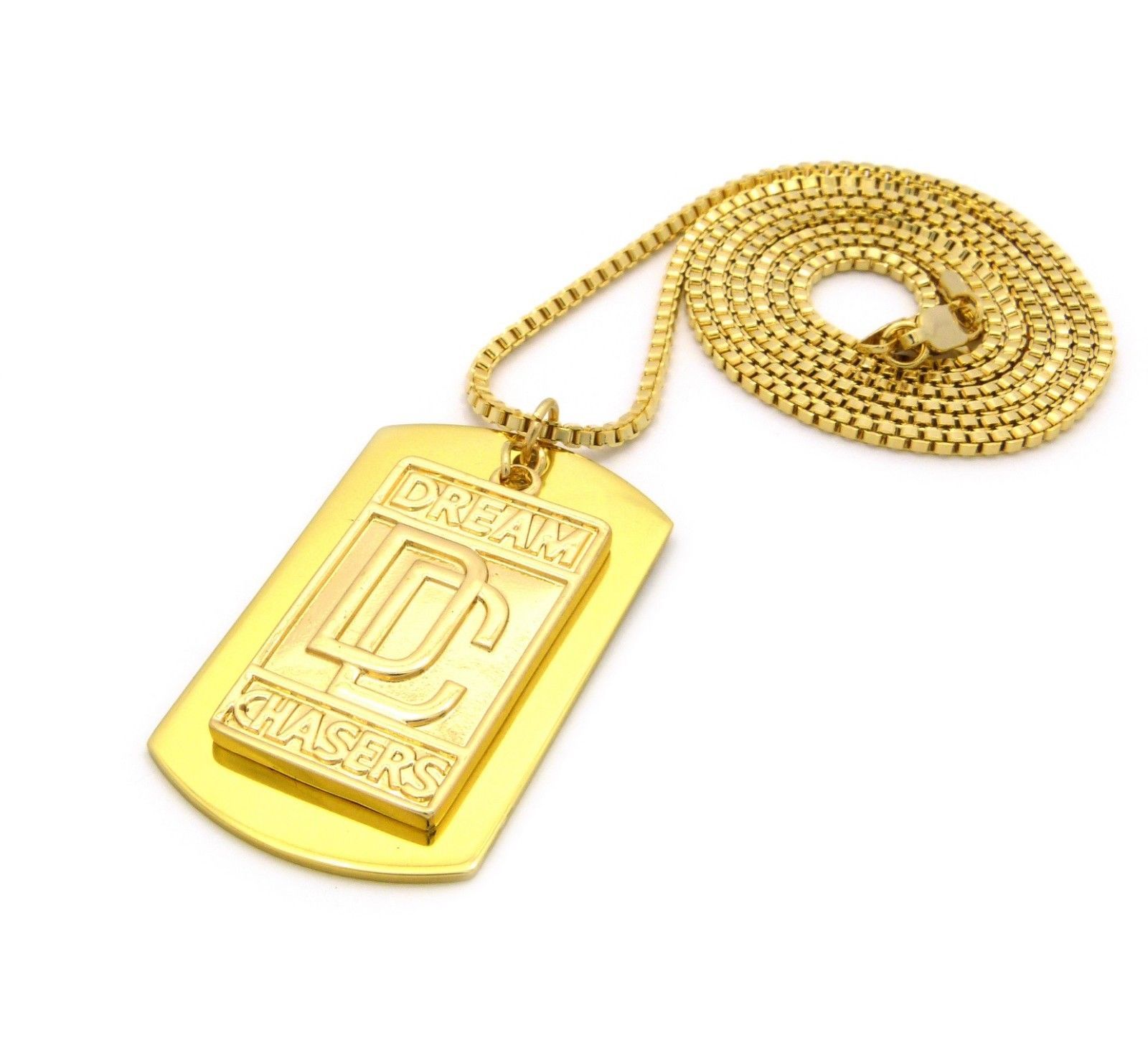 New Gold Plated DREAM CHASERS DC & Dog Tag Pendant w/ 2mm 30″ Box Chain Necklace