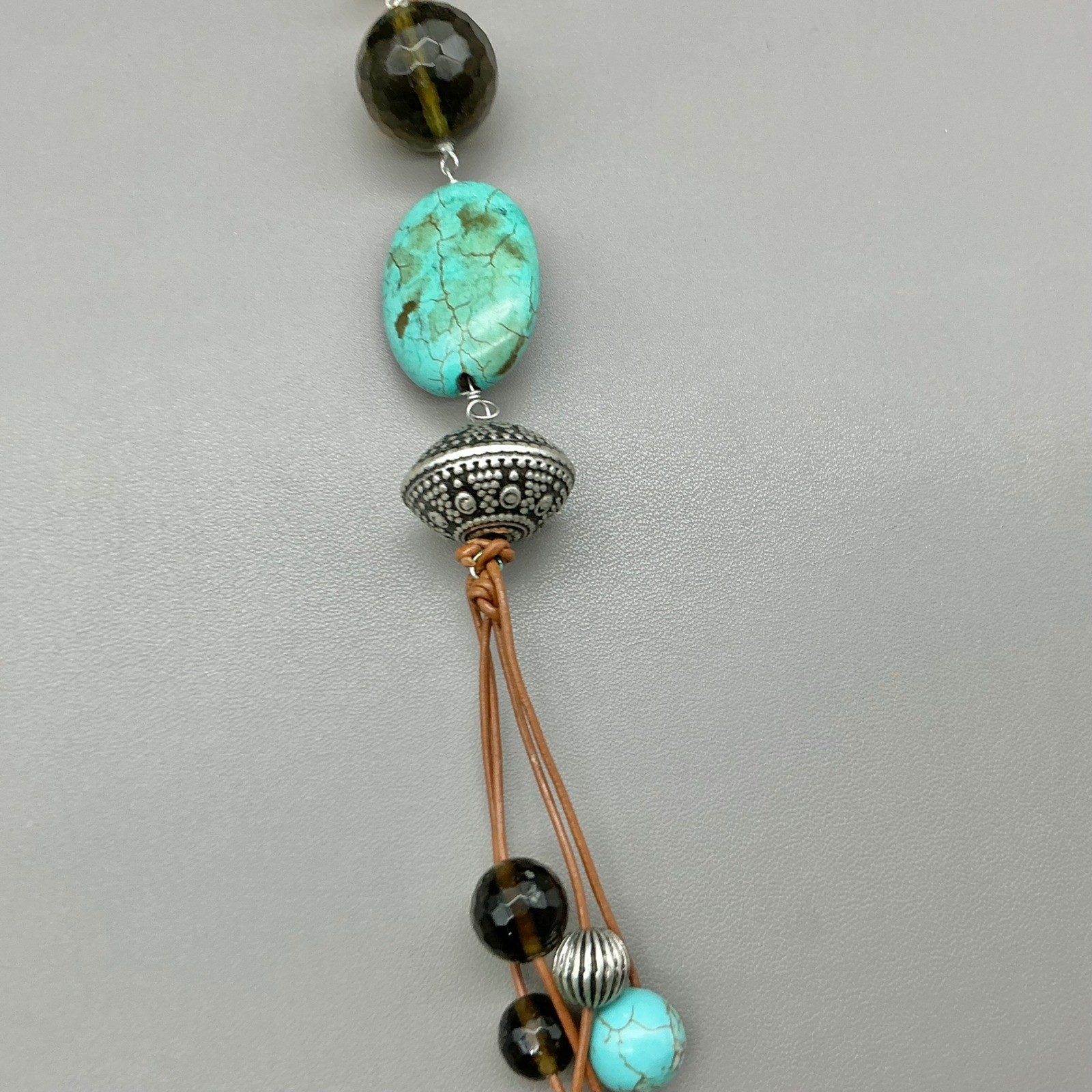 Chico’s Necklace Womens Turquoise Silver Tone Beaded Leather Boho Long 26 Inch