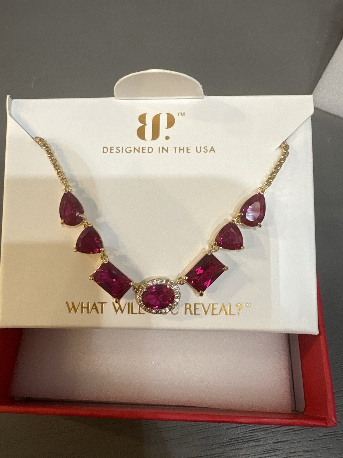 BP Gold Plated Lab Ruby Red Crystal Pendant Necklace 18″ + 2.5″ NK89462