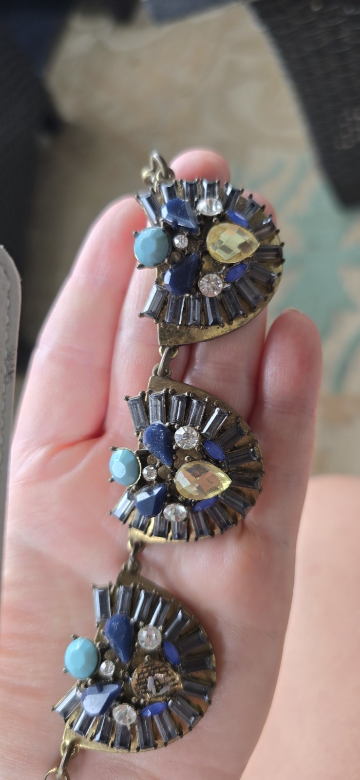 Gold Tone Statement Ball/Bead Chain Necklace w/ Blue Crystal Rhinestone Cluster