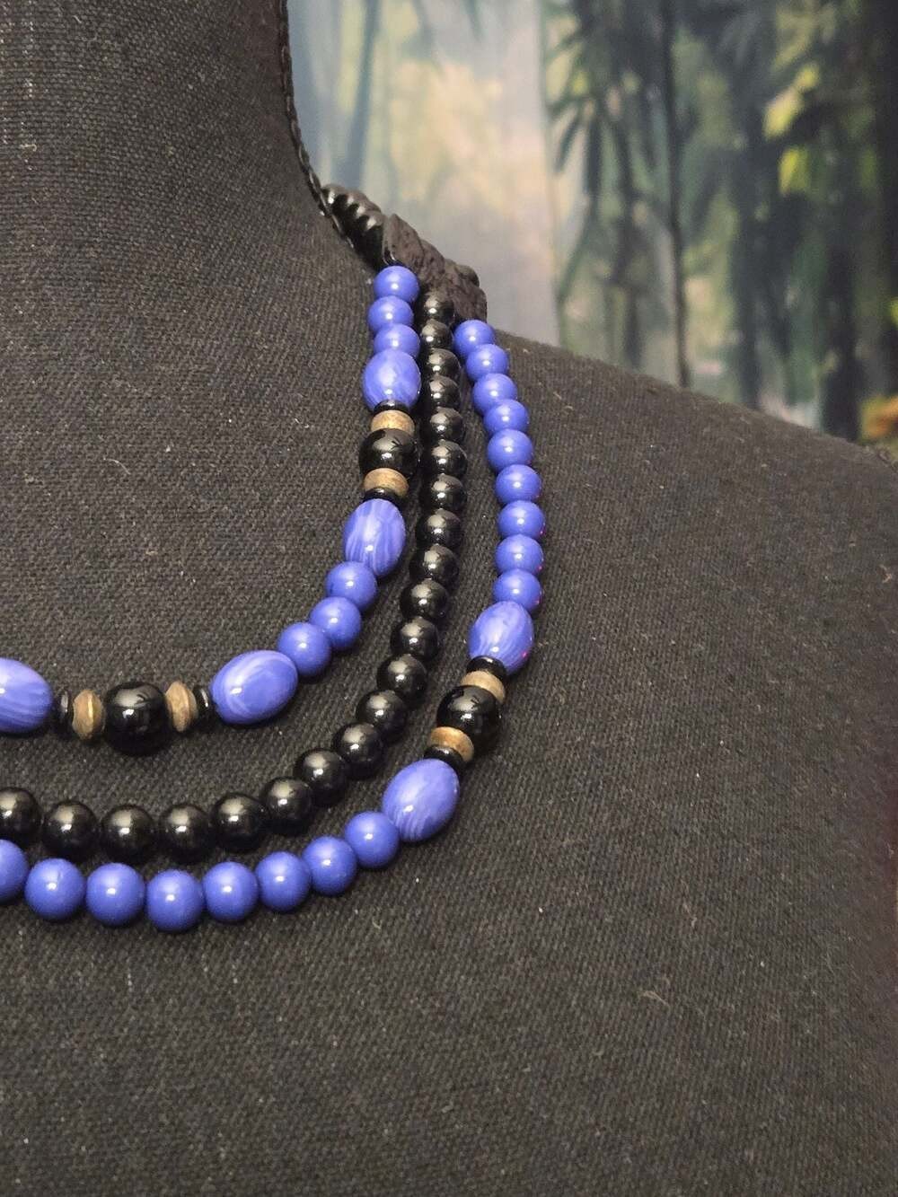 Vintage Multi-Strand Blue and Black Bead Necklace with Adjustable Clasp