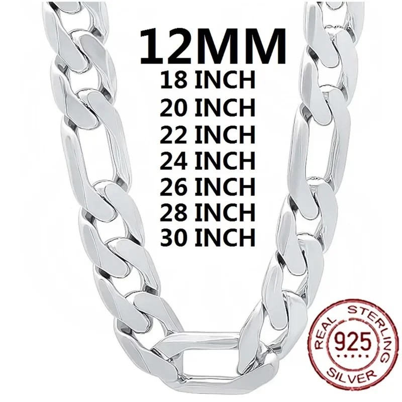 925 Sterling Silver Classic 12MM Cuban Chain Necklace Men Charm Fashion Jewelry
