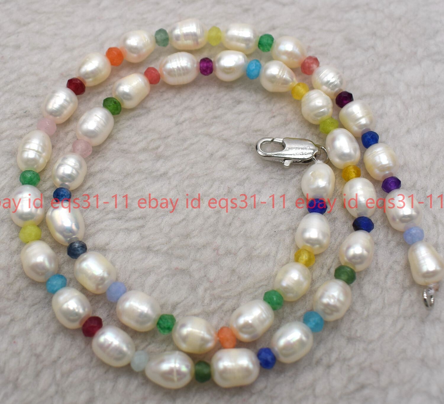 9-10mm White Baroque Pearl & 2x4mm Muliticolor Rondelle Jade Necklace 16-24″