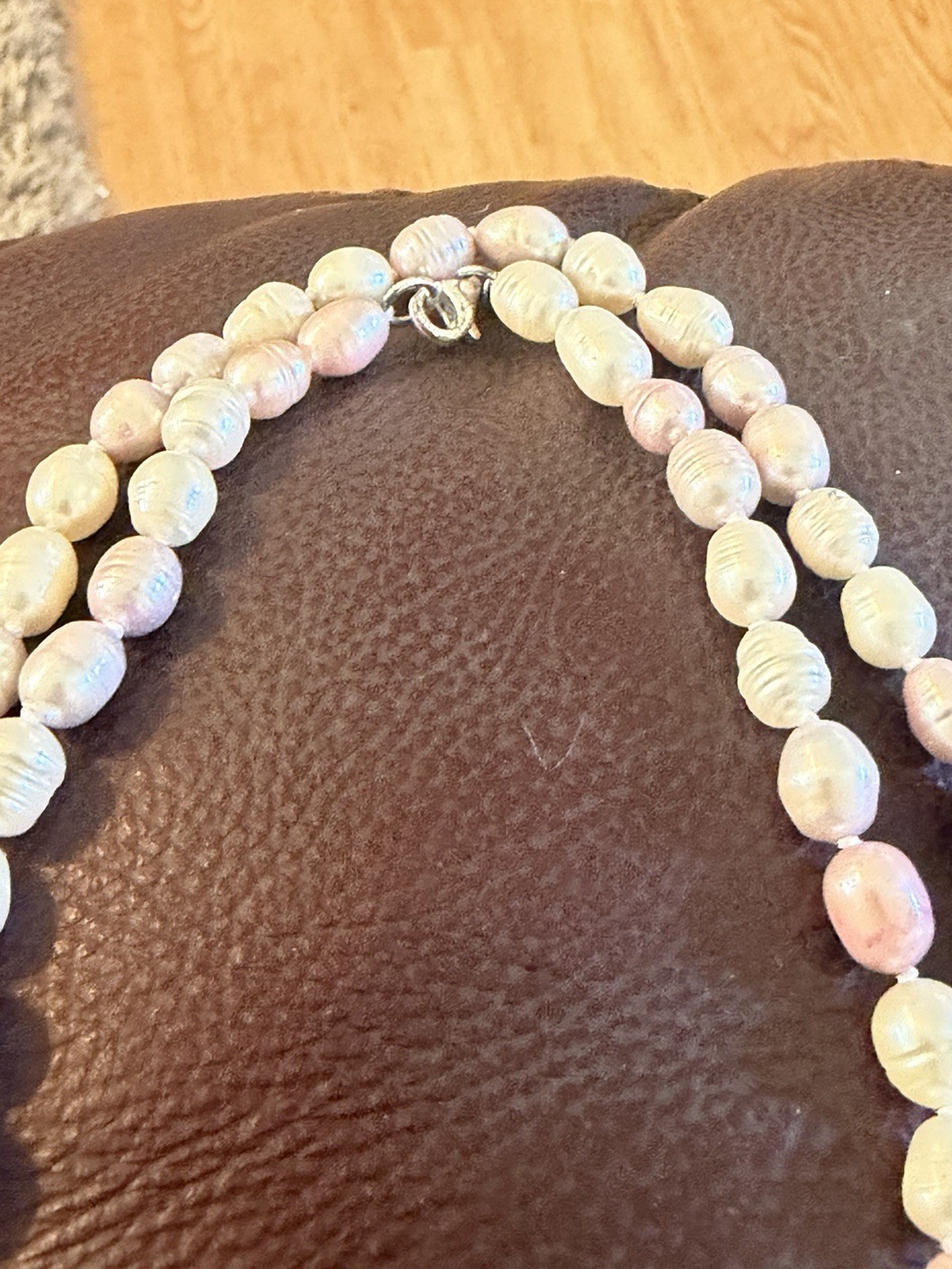 Freshwater pearl necklace, hand knotted, 60″ long 925 clasp Excellent condition