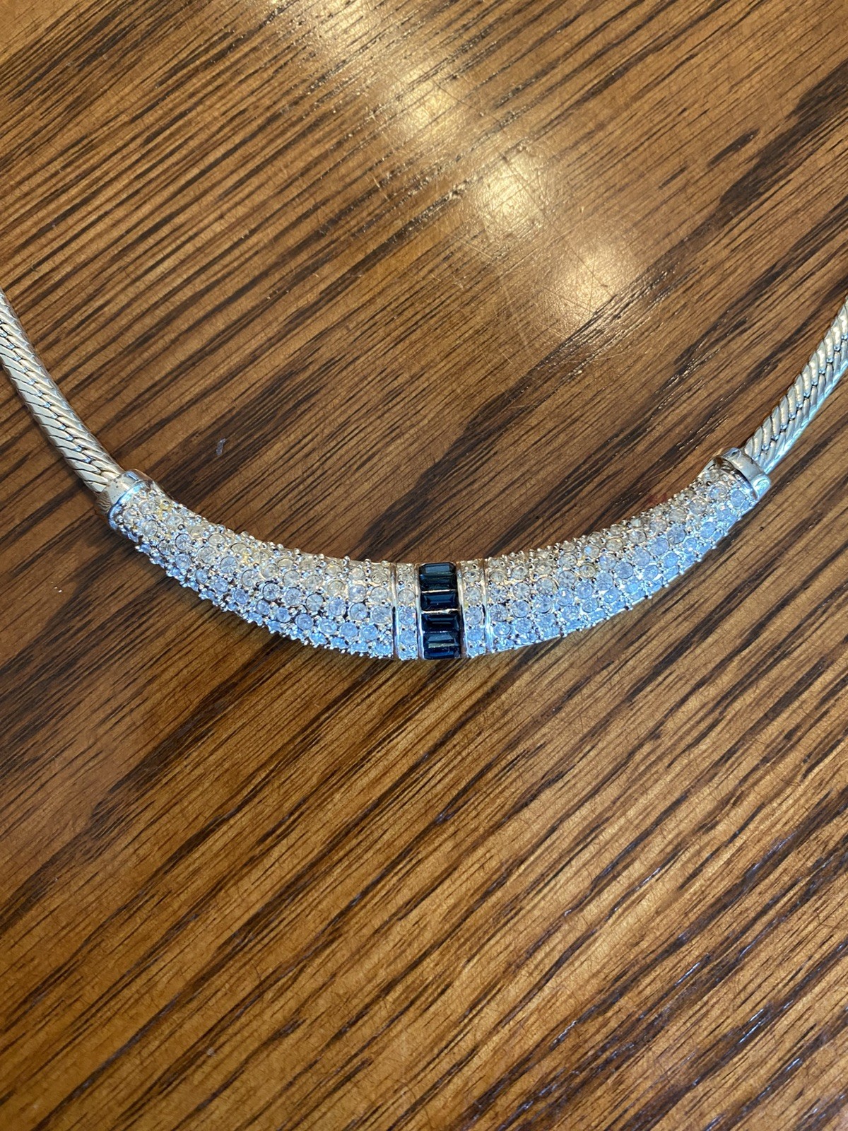 2043 Vtg Signed Roman CZ & Blue glass Silver tone necklace 18-20″