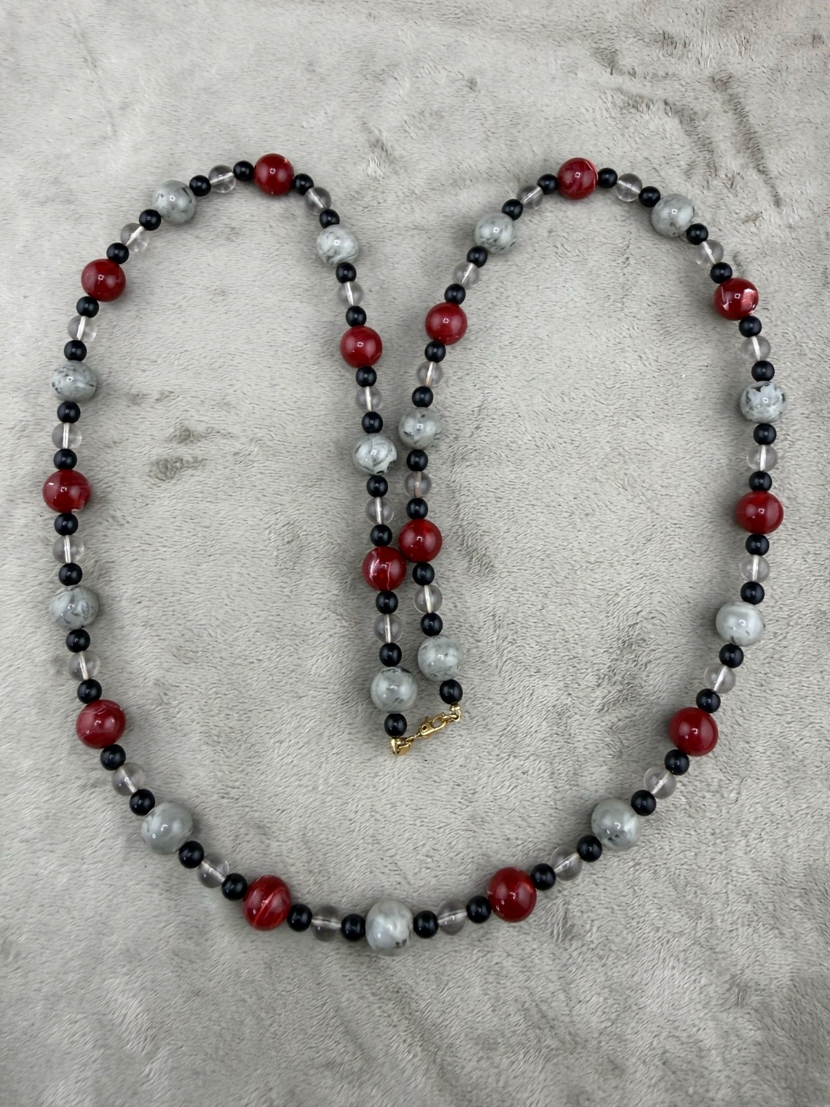 Monet Necklace Beaded Red Grey Black Signed 36”