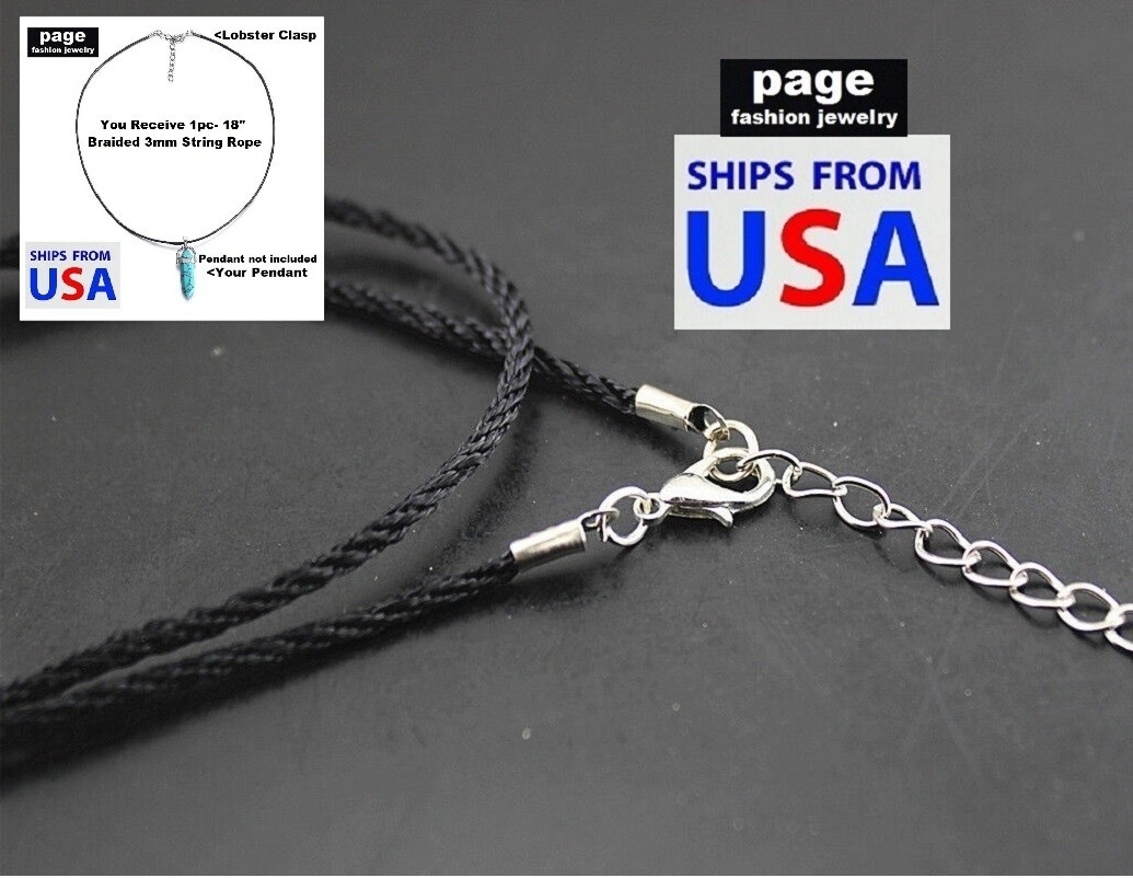 1pc- 18″ Braided 3mm Black Rope Necklace, Silver Lobster Clasp, For Your Pendant