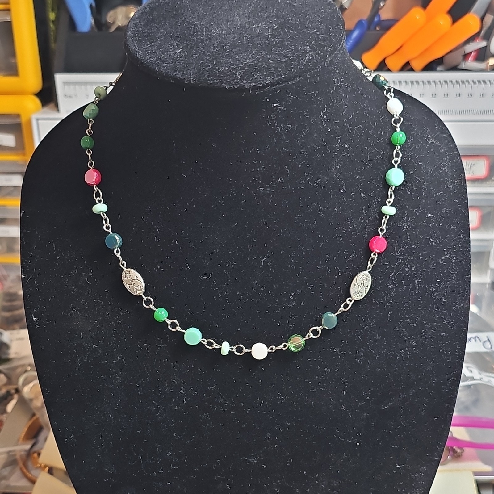 Handmade Multicolor Round Glass Beaded Cable Chain Necklace w/ Lobster Clasp 18″