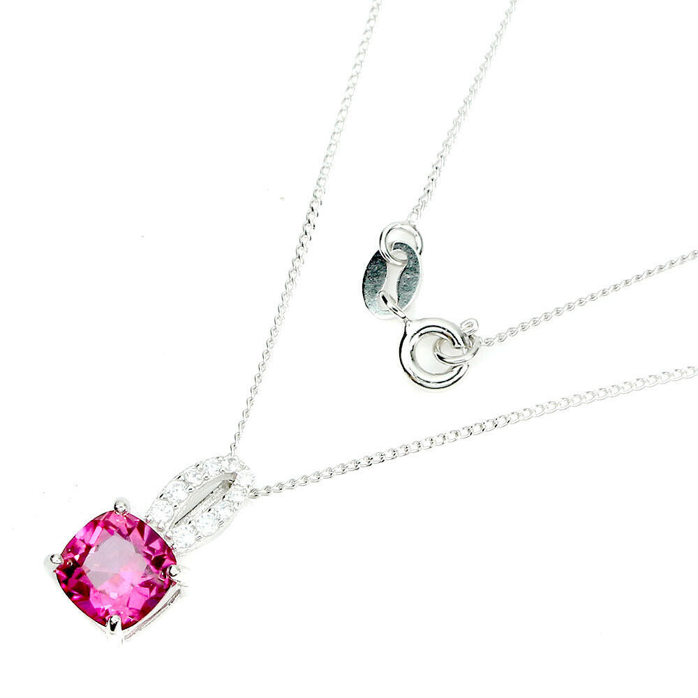 Surface Coated Cushion Pink Topaz 7mm Simulated Cz 925 Sterling Silver Necklace