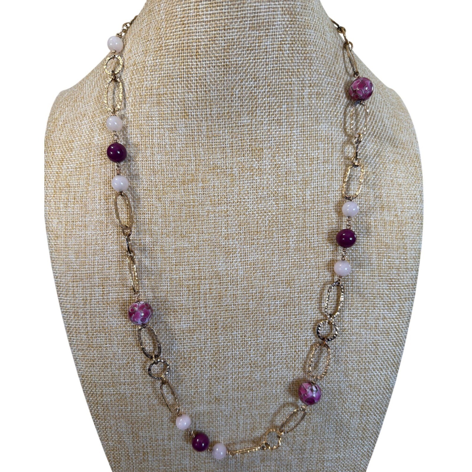 Gold Tone Purple and Pink Beaded Long Oval Link Station Necklace Boho Layering