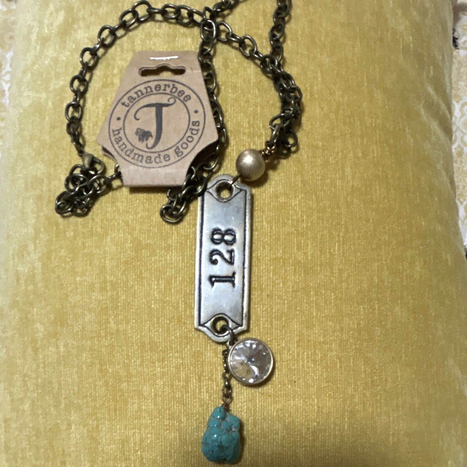 Jannerbee Signed Silver Tone Bar Pendant Necklace Cable Chain Blue Drop Charm