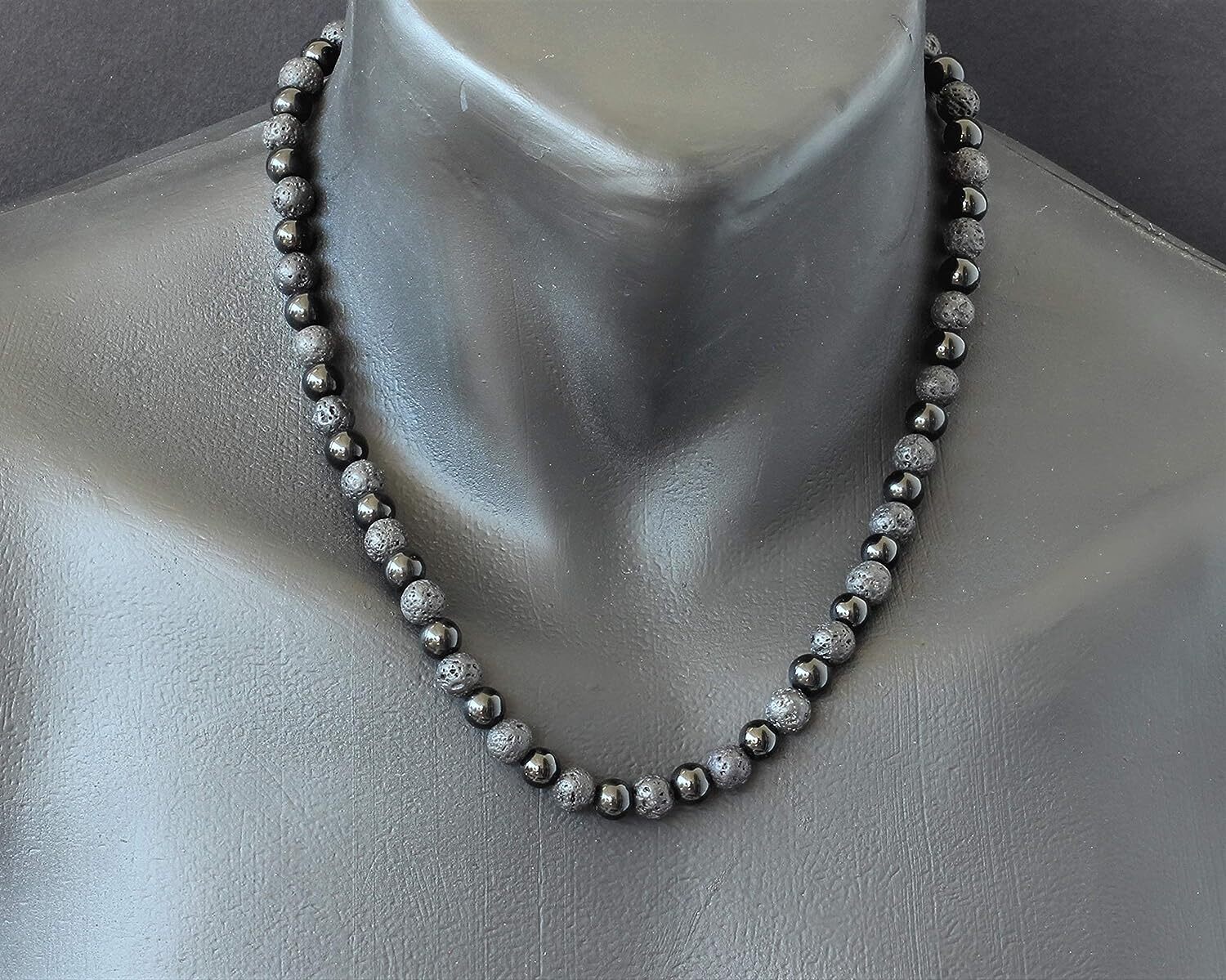 Mens Long Necklace Natural Black Lava & Black Onyx Beaded Healing Adjustable