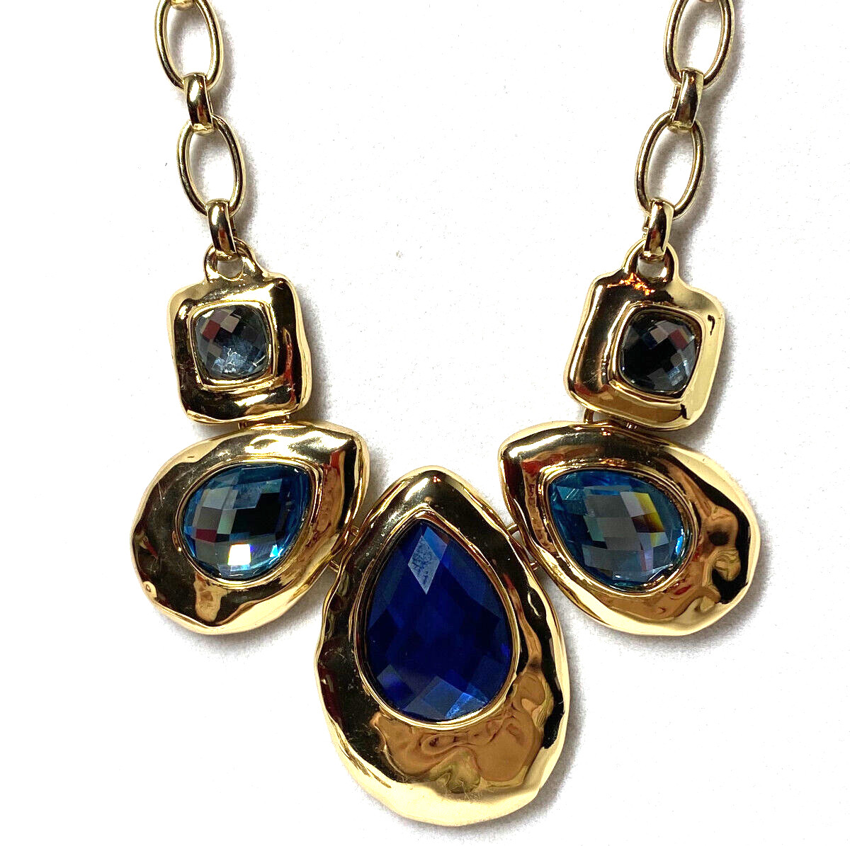 Bella Jack Gold Tone Necklace With Blue Teardrop and Square Gray Stones 21″