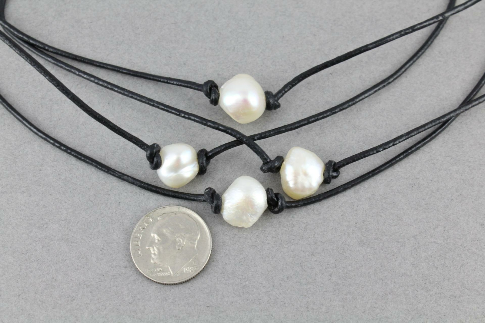 faux pearl choker Black faux leather adjustable choker necklace 14-16 long