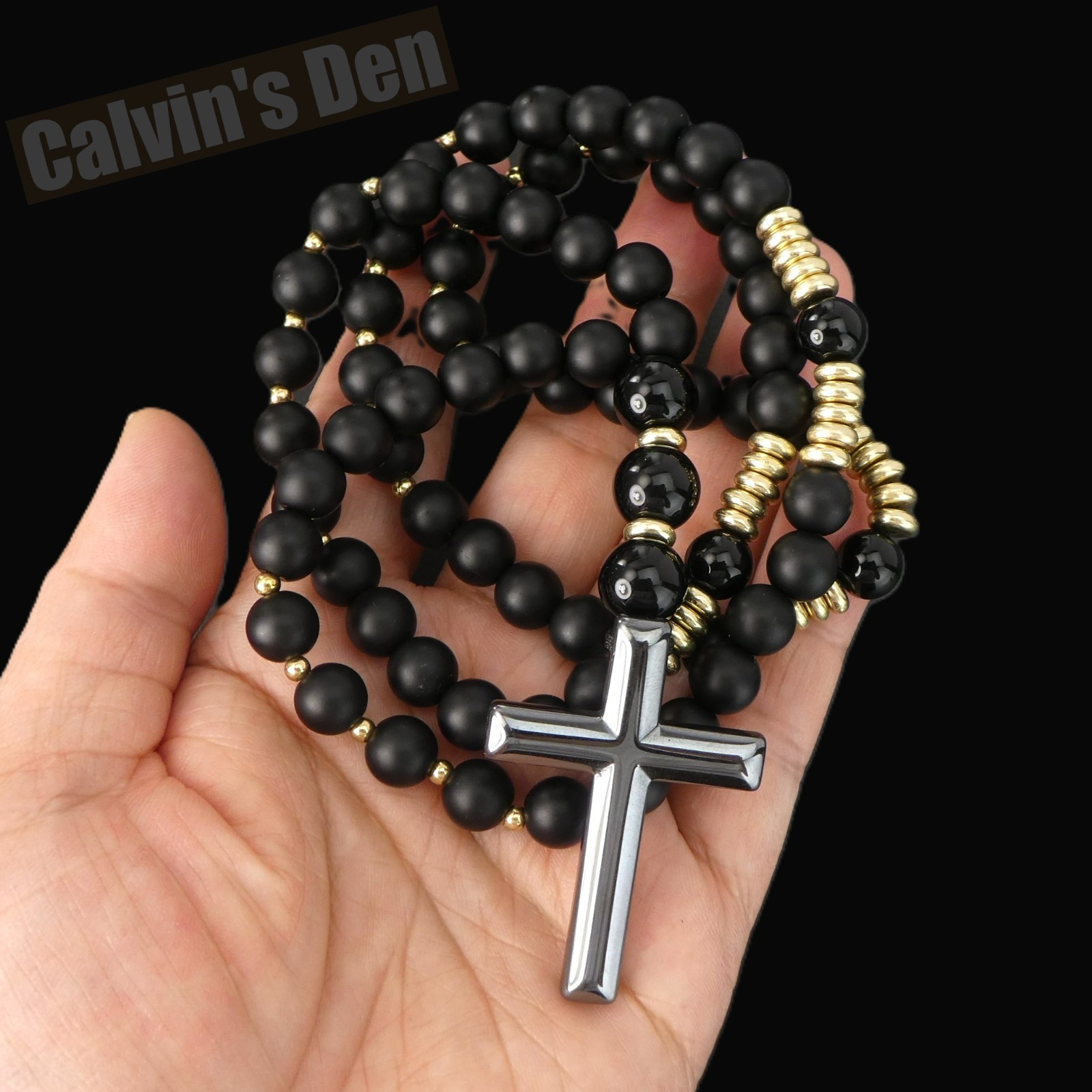 Matte Black Obsidian Polished Black Onyx Bead Cross Necklace Men Women Gift