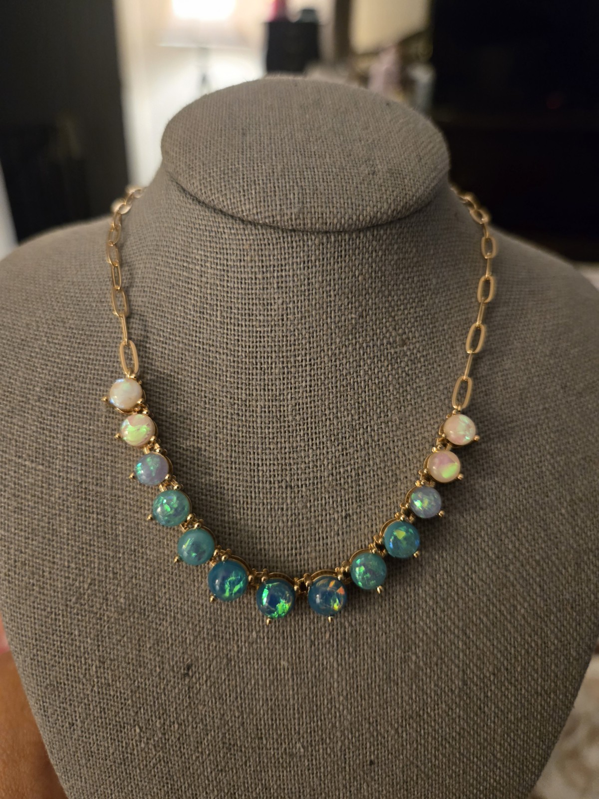 Gold Tone Cable Chain Necklace Blue & White Round Crystal Prong, Adjustable