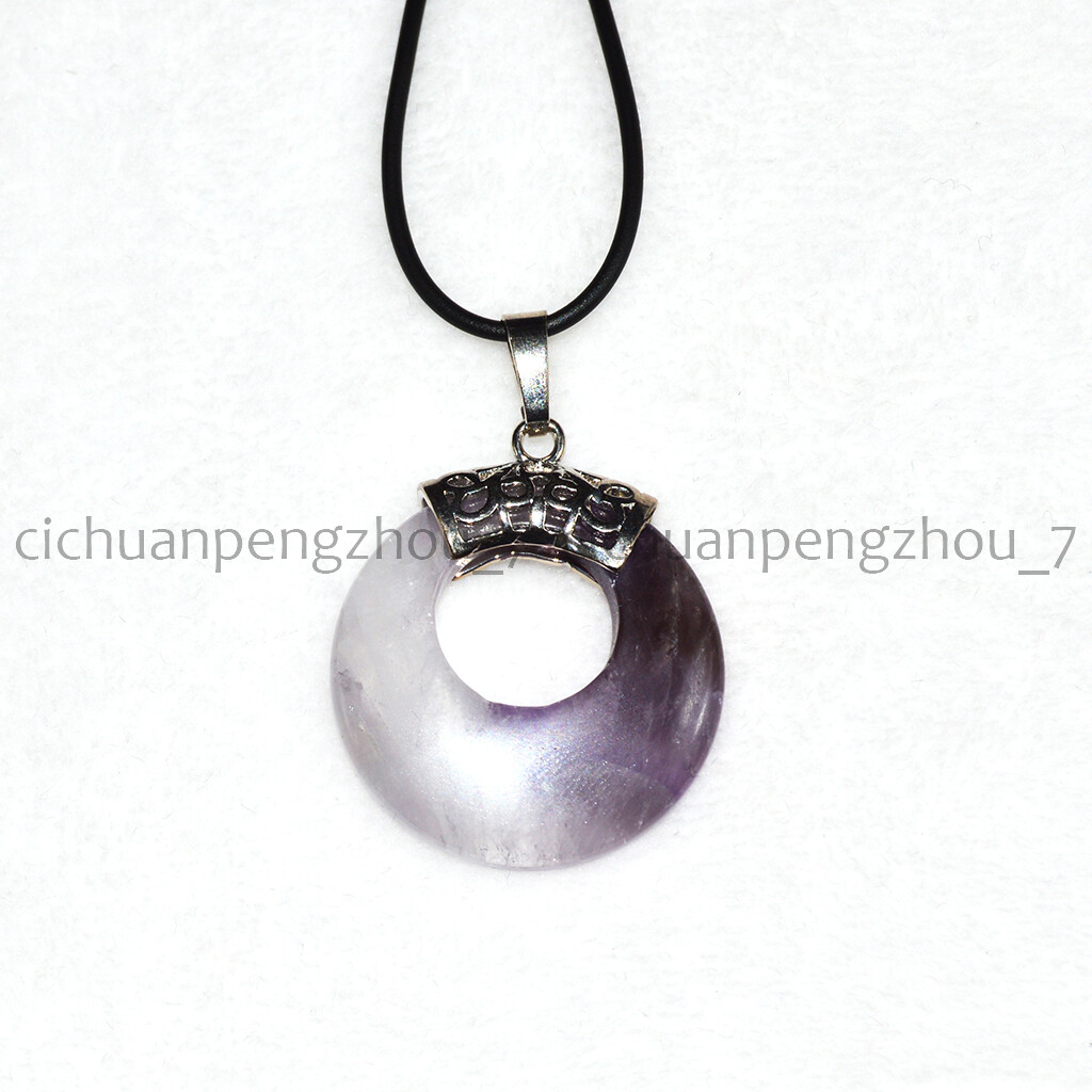 Purple Amethyst 28mm Hollow Round Ring Pendant Black Leather Rope Necklace 18”