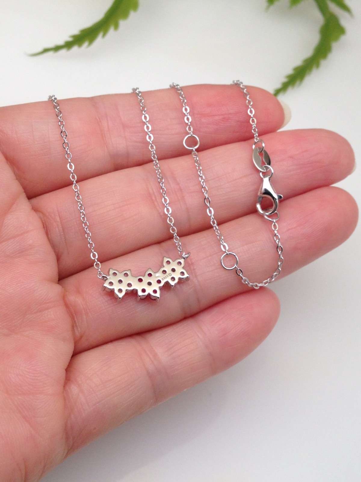 925 Sterling Silver CZ Triple Pink Flower Pendant Necklace Women Girl 16mm 17.5″