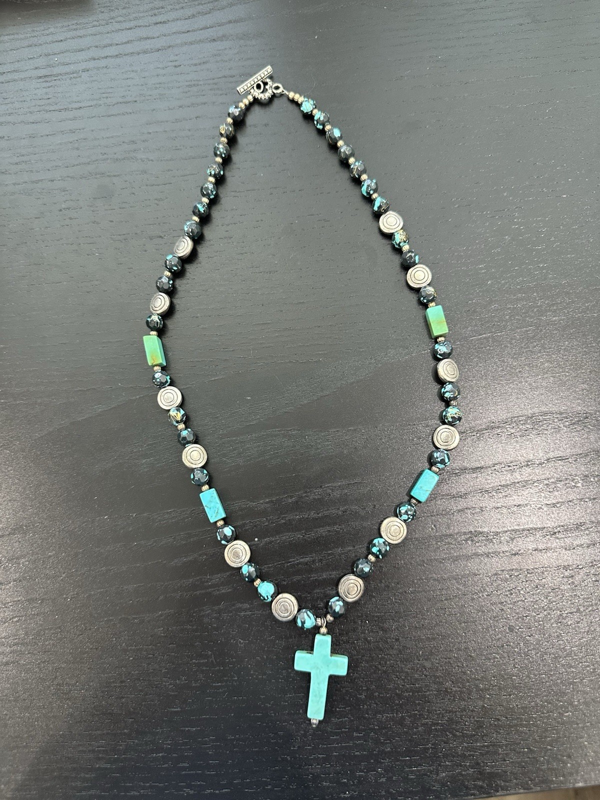 Black & Blue Beaded Necklace Cross Charm Pendant Toggle Clasp 19-24 in
