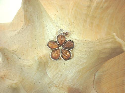 15mm Hawaiian Sterling Silver Genuine Koa Wood Pua Melia Plumeria Flower Pendant