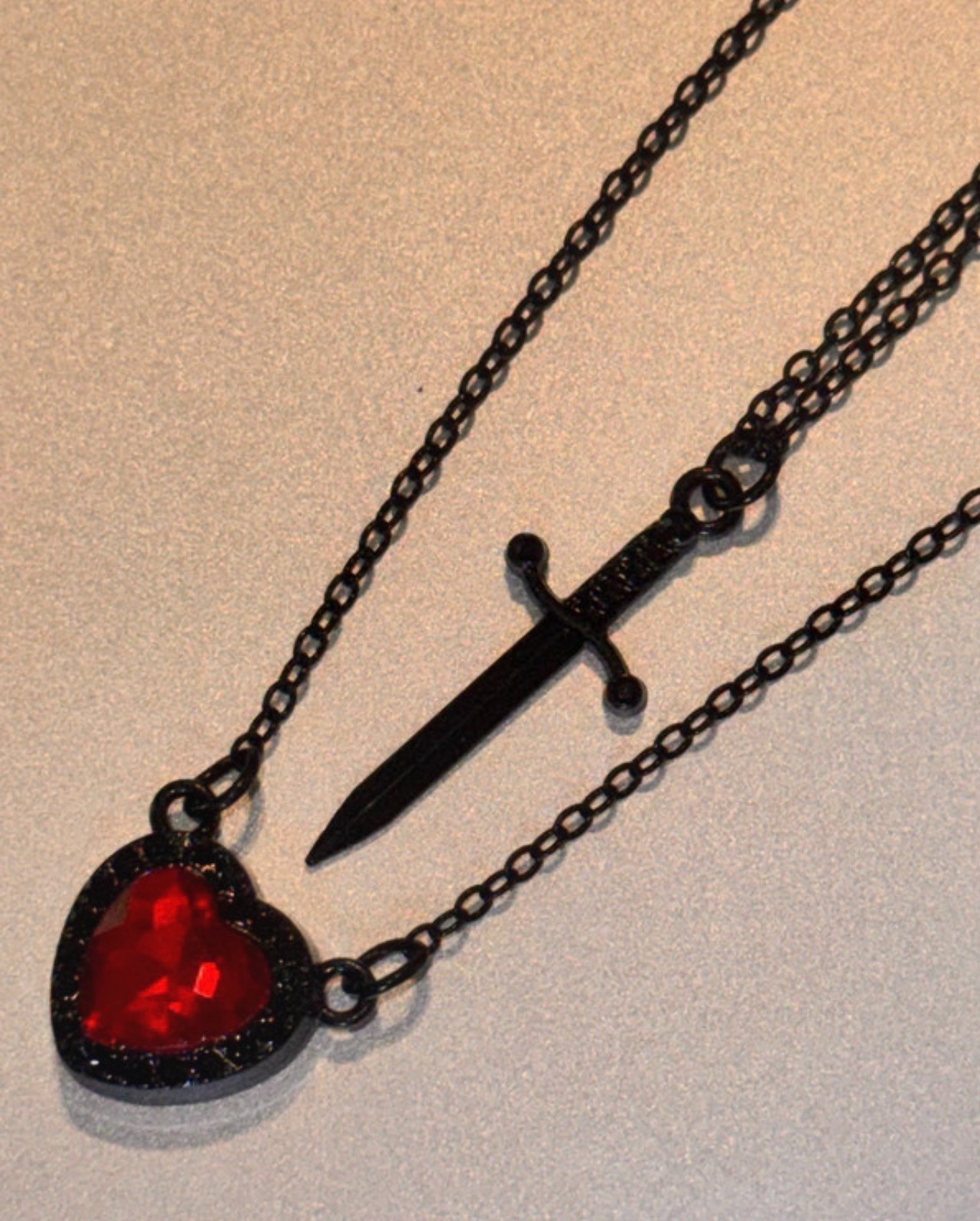 Silver Black Gothic Red Heart & Dagger Pendant Couple Necklace & Free Gift