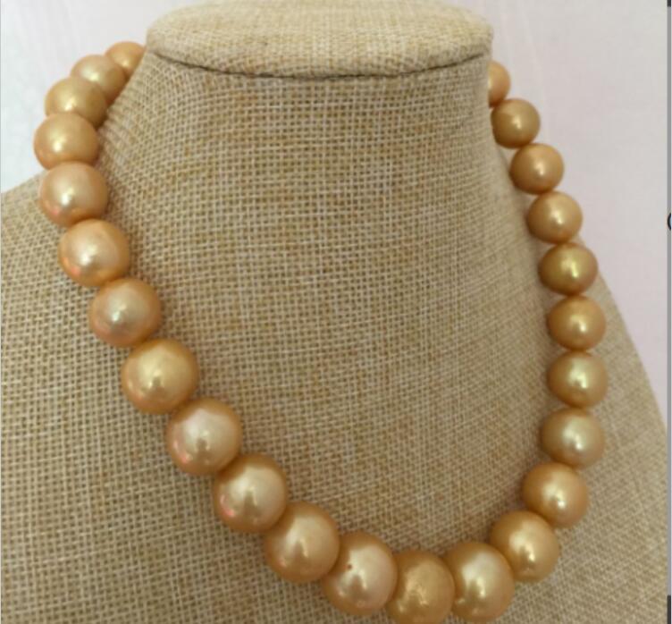 GORGEOUS HUGE 13-15MM SOUTH SEA ROUND GOLD PEARL NECKLACE 18INCH