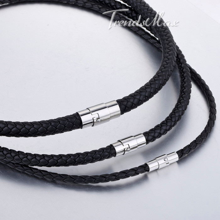 4/6/8mm Black Rope Leather Cord Necklace Stainless Steel Magnetic Clasp 16″-24″