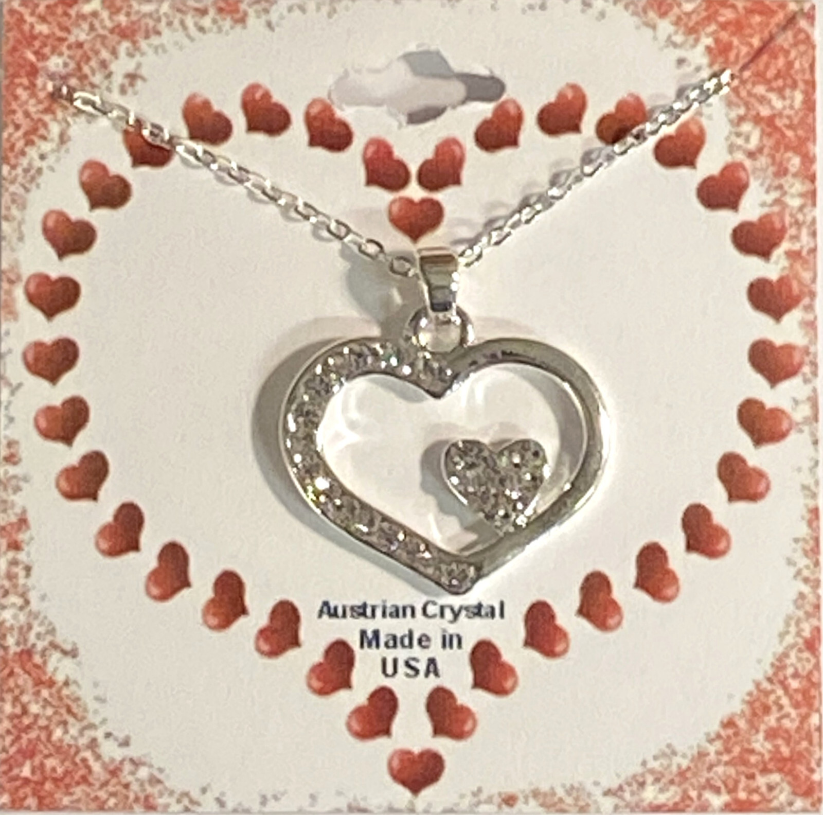 Heart Valentine 18-20 Adjustable Necklace With 26 Crystals in Silver Plate NEW