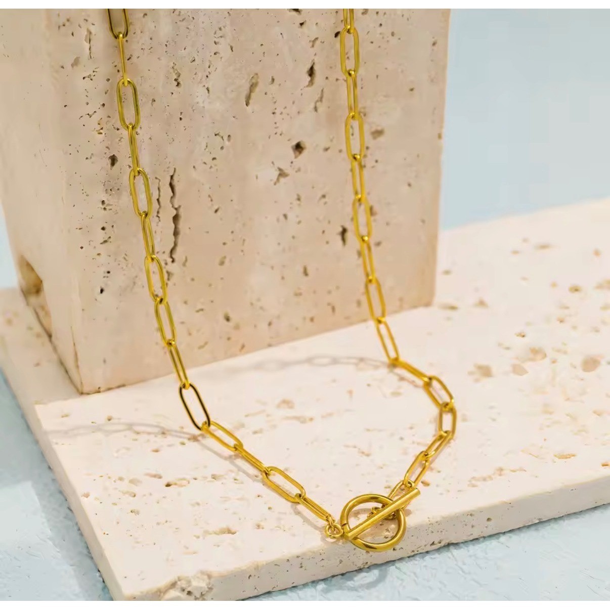 Gold Paperclip Chain Toggle Necklace Minimalist Link Layering Jewelry