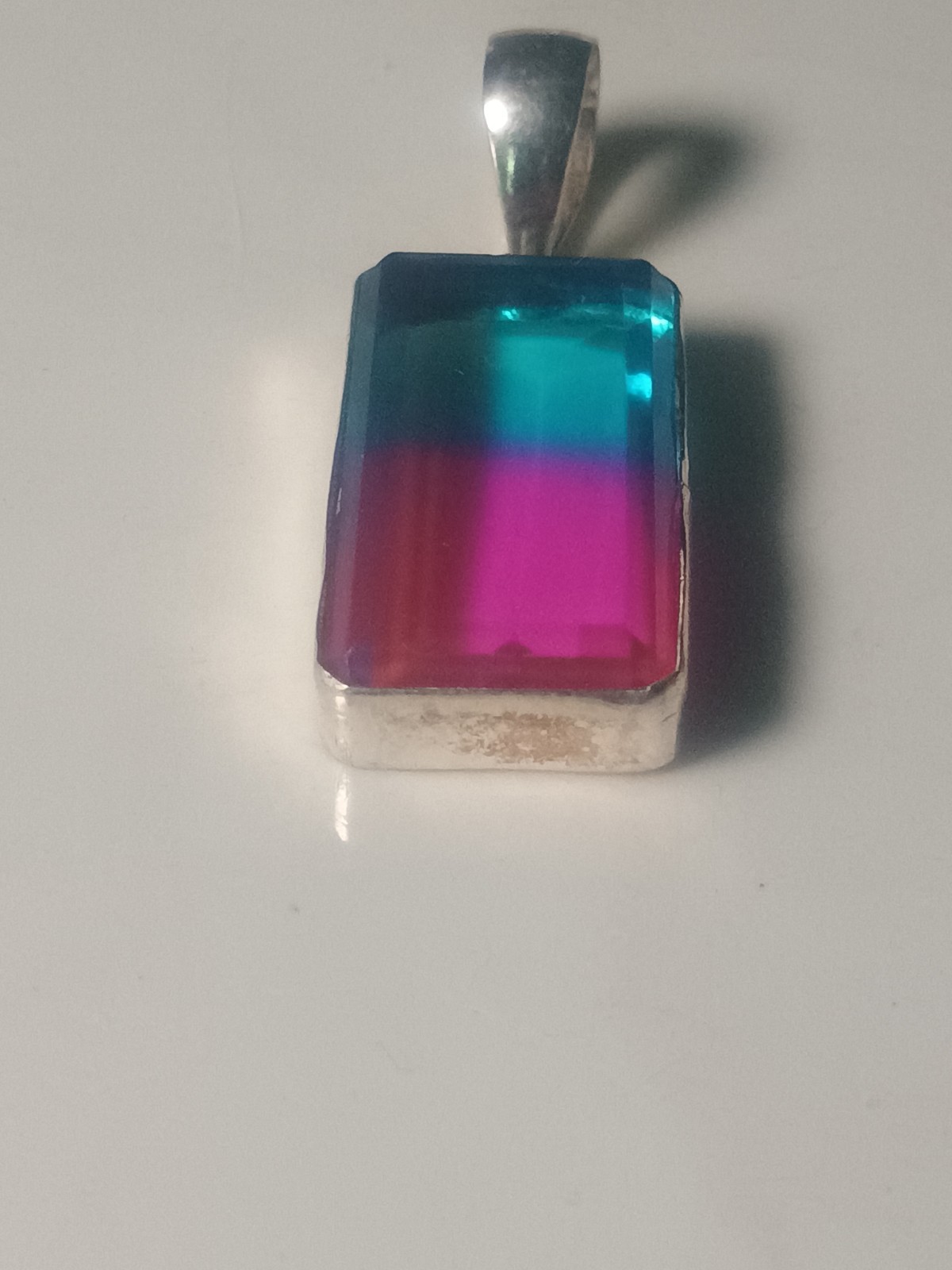 Pendant Tourmaline Bi-Color Gemstone set in Silver Plated Rectangular Shape