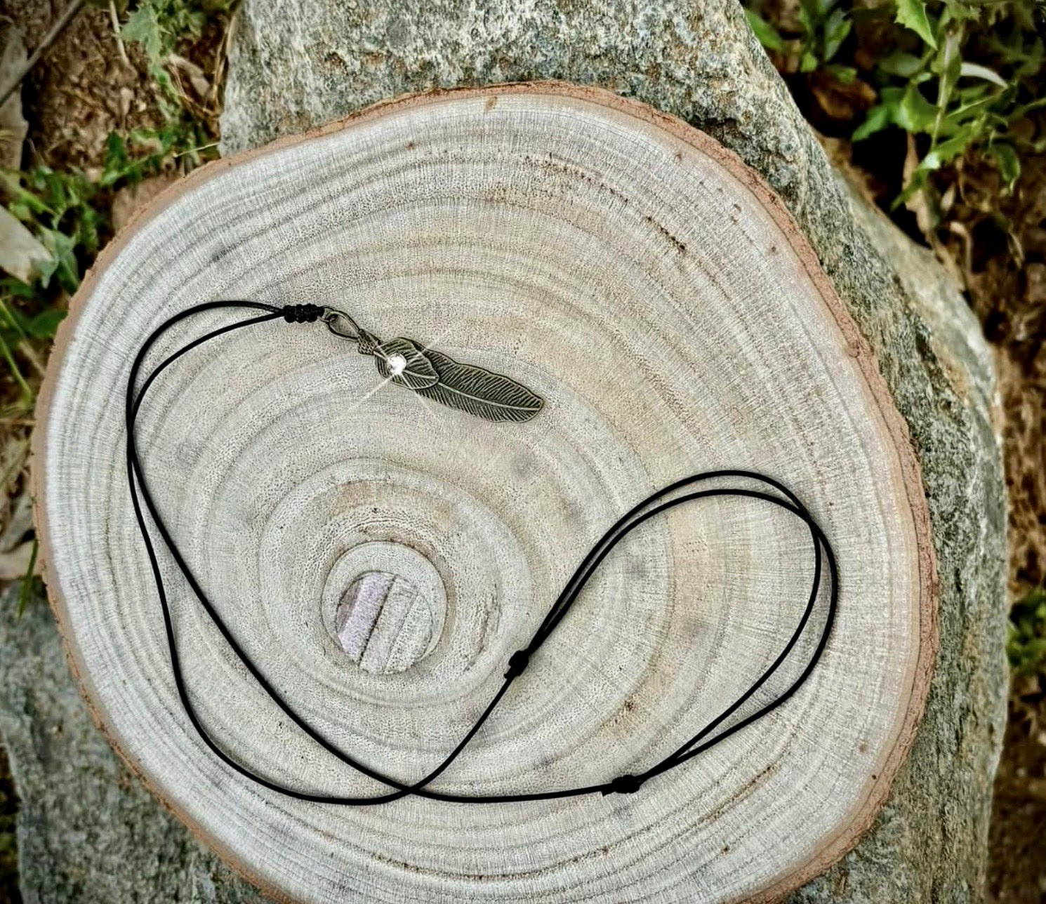 Adjustable Black Cord Necklace w/ Bronze Feather Charm Pendant, Slip Knot