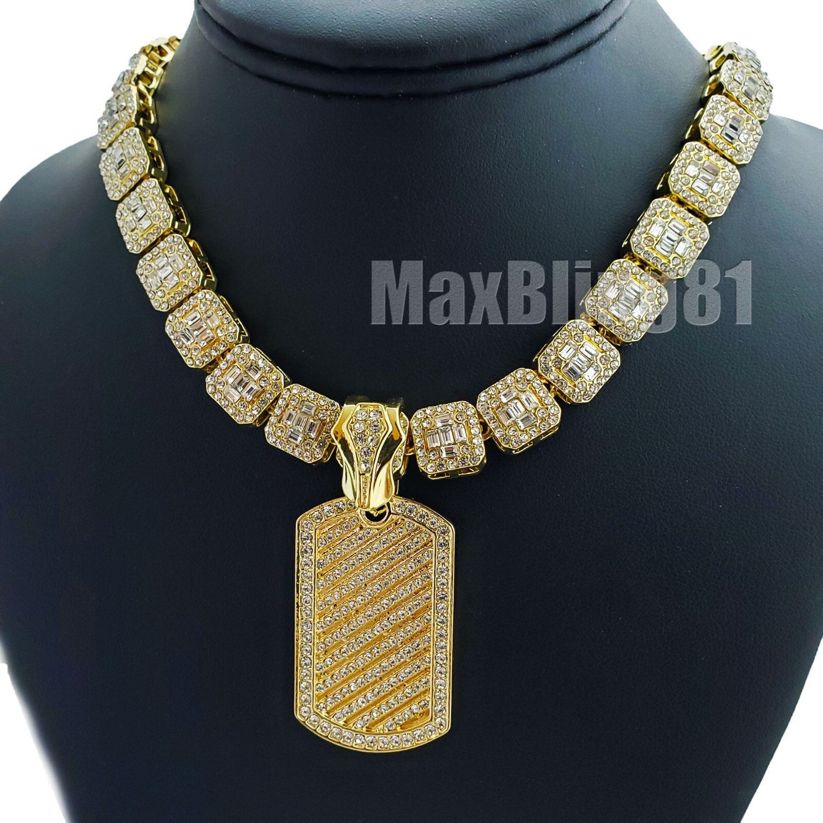 Hip Hop Dog Tag Pendant & 16″ 18″ Iced Baguette Stone Choker Chain Necklace