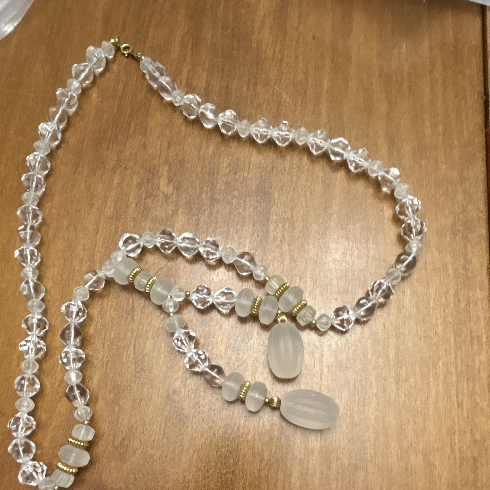 Clear & White Round Glass Beaded Necklace, Ball/Bead Chain, Spring Ring