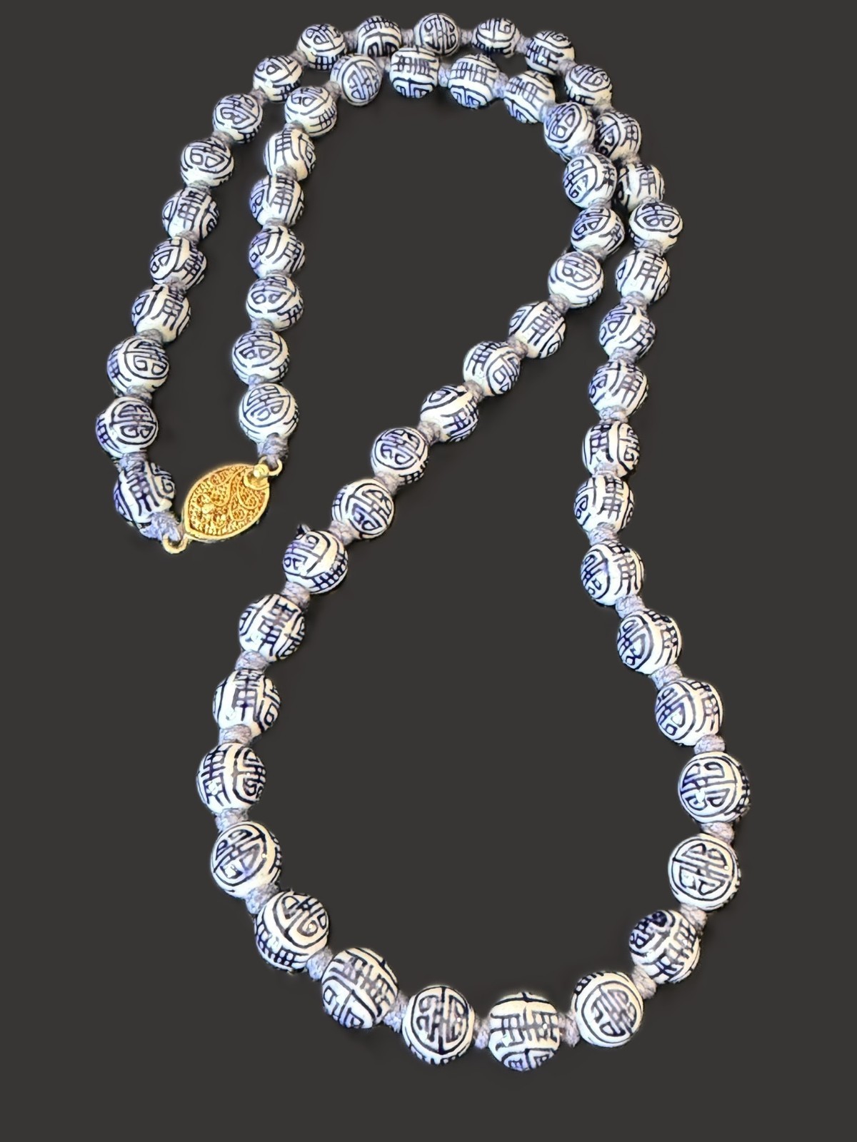 Vintage Chinese Necklace Blue White Porcelain SHOU Longevity Beads 24″ Knotted