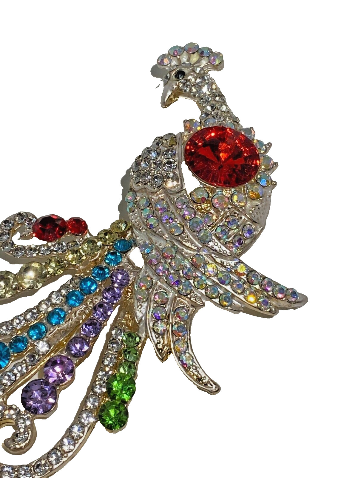BETSEY JOHNSON GOLD PEACOCK MULTI COLOR CRYSTALS & RHINESTONES PIN PENDANT NECK