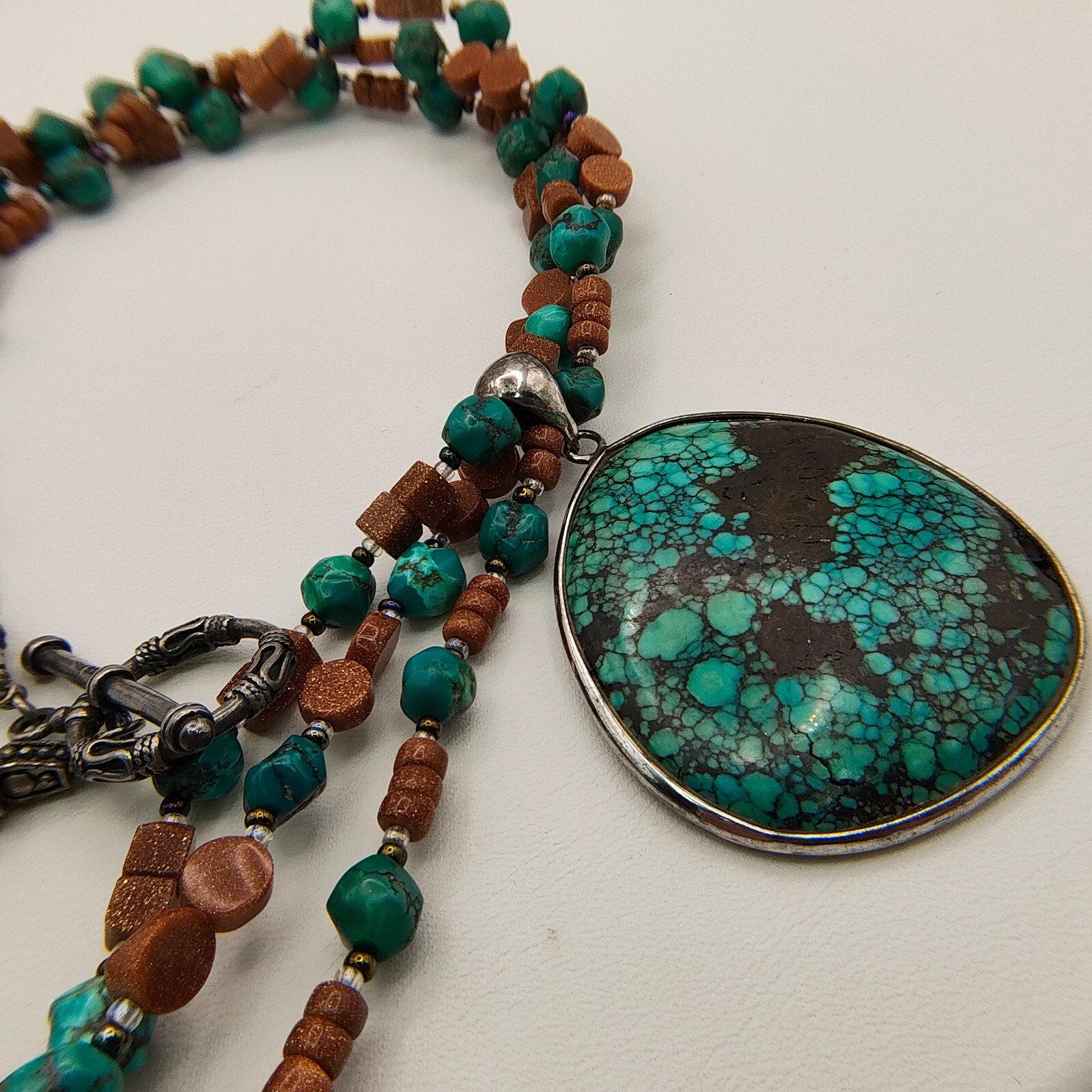 Faux Turquoise Pendant Necklace 925 Sterling Glitter Copper Color Bead Boho