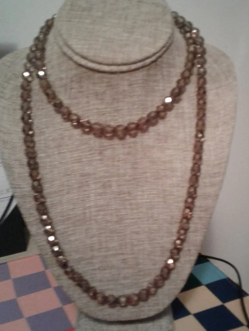 Gold/Brown Faceted Glass Beads Stretchy Continuous Strand Necklace 36″L