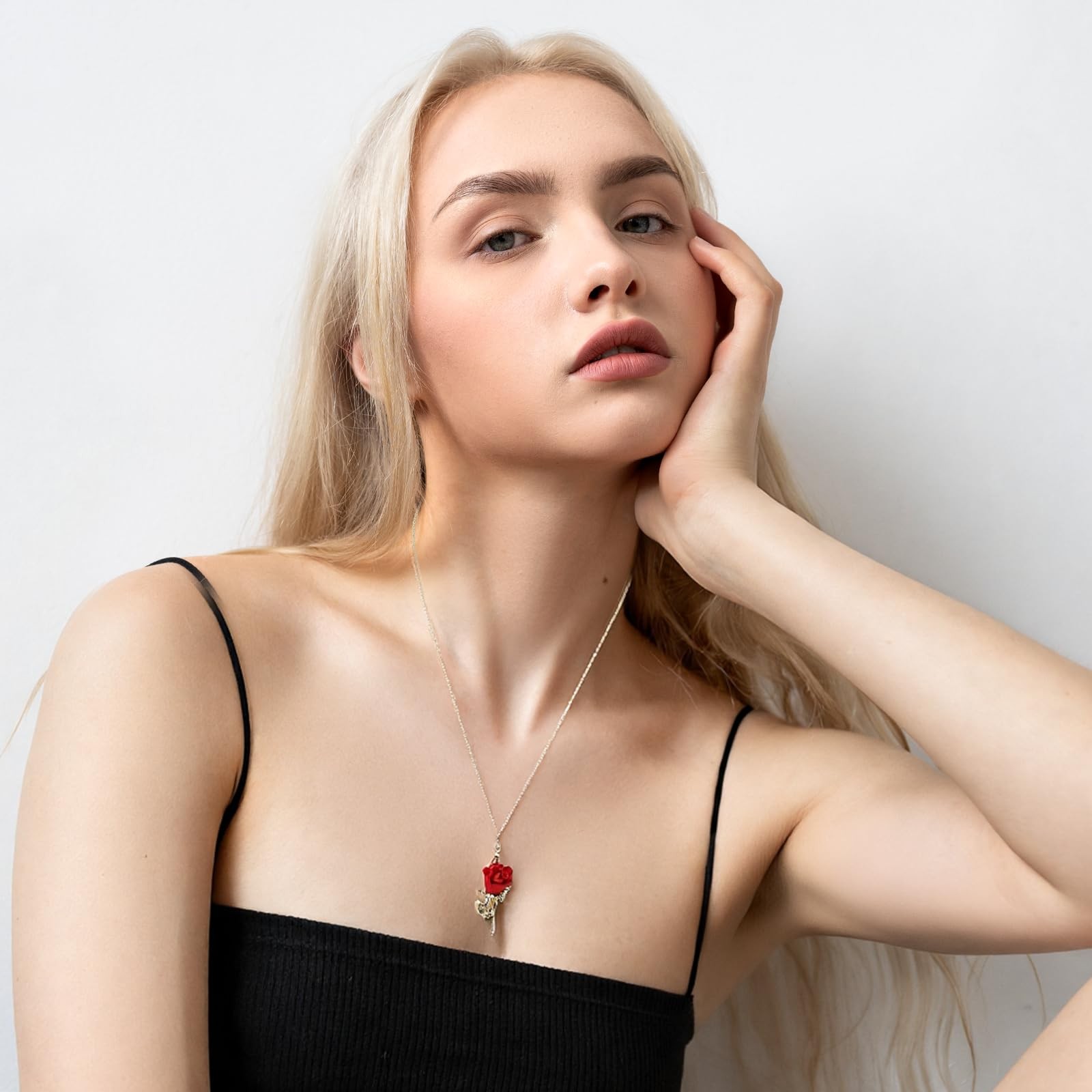Valentines Day Gift Red Rose Necklace for Women Dainty Gold Flower Gift