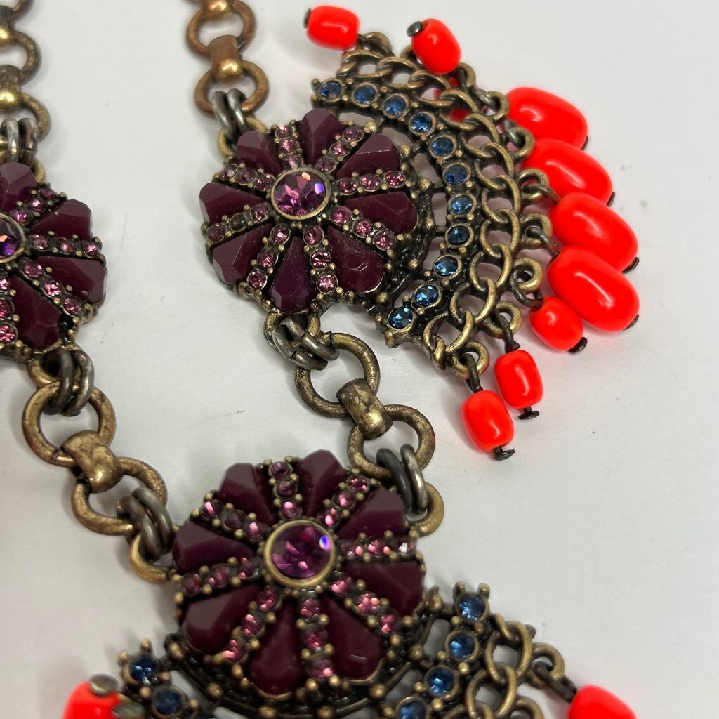 J Crew Necklace 18in +3 Brass Tone Neon Orange Bead Purple Crystals READ Flaw