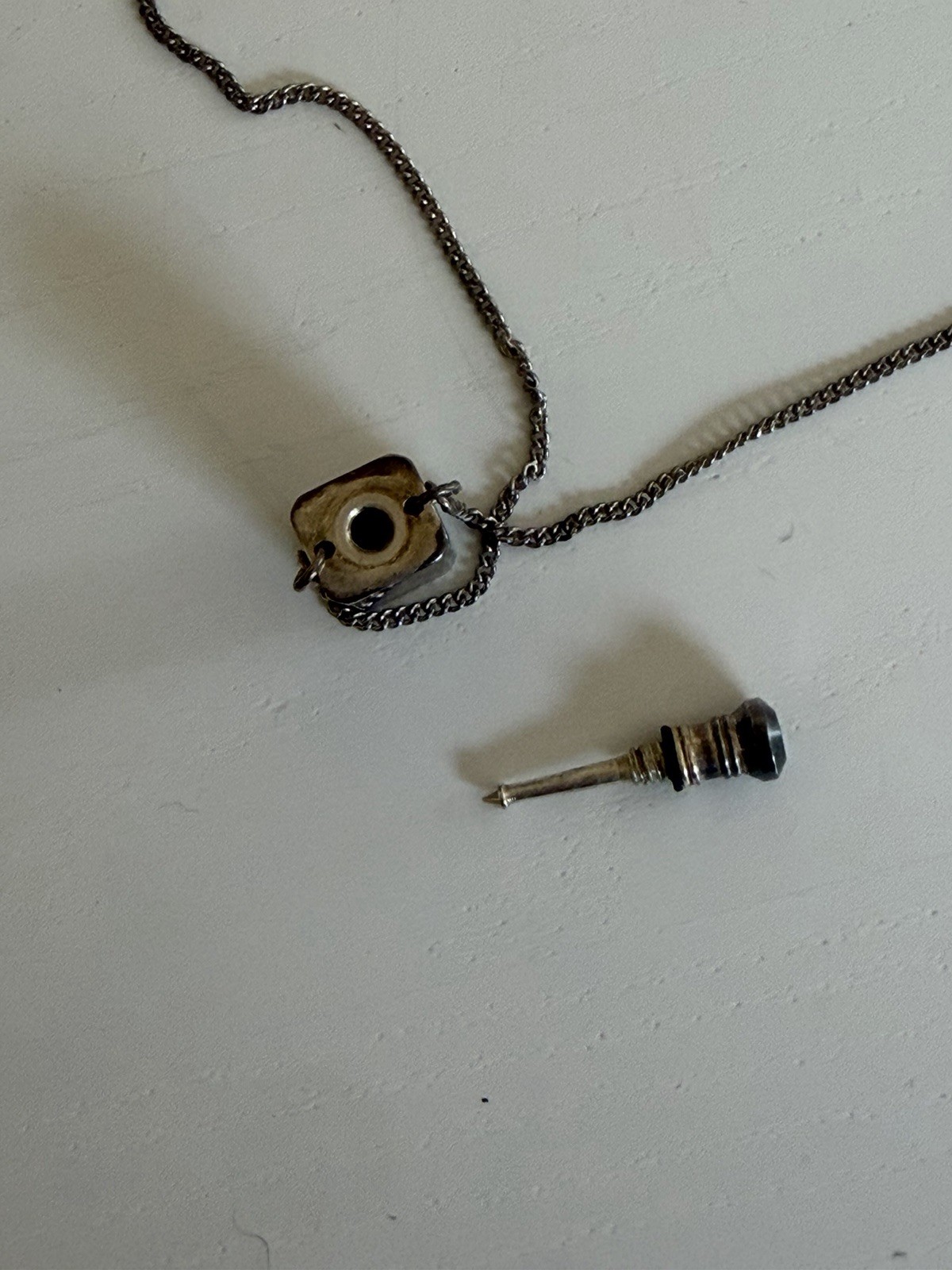 Vintage Mini Square Perfume Bottle Pendant with Dauber Silver Chain