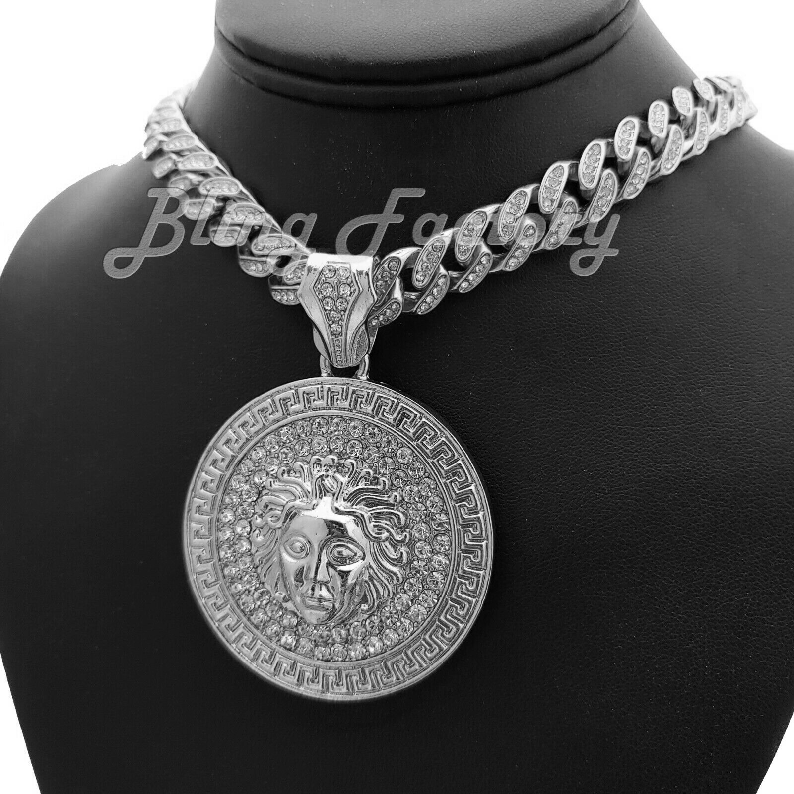 Hip Hop Silver Medusa Head Pendant & 16″ 18″ 20″ Full Iced Cuban Chain Necklace