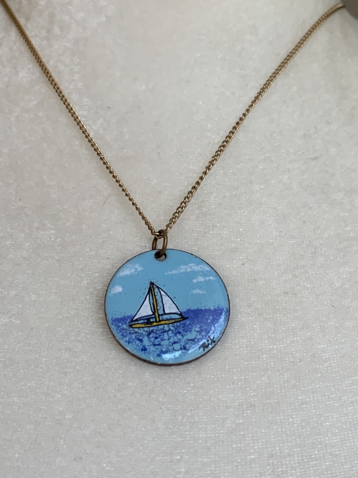 Vintage Great Britain 1964 Penny Pendant With Sailboat Enamel Art Signed 1 1/4″
