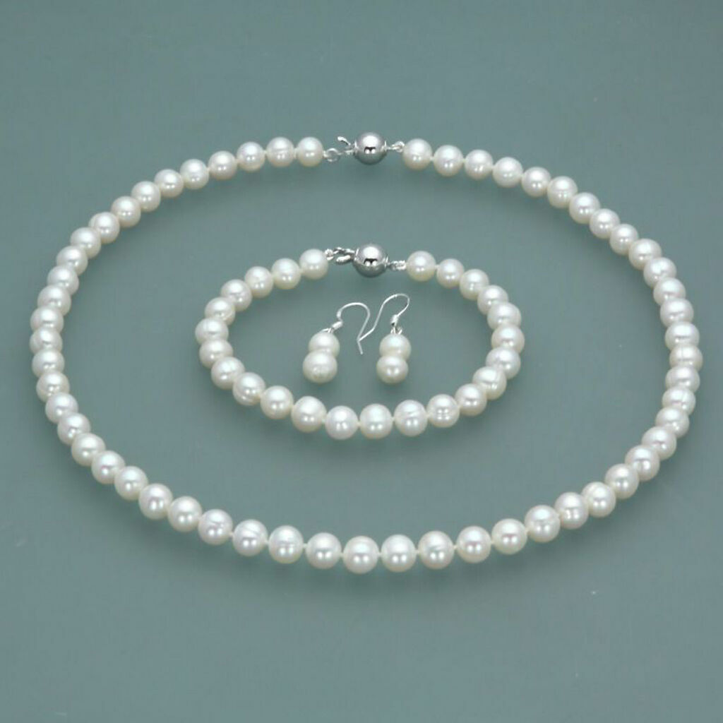 7-8mm Real Natural Freshwater Pearl Necklace Bracelet Earrings Jewelry Set