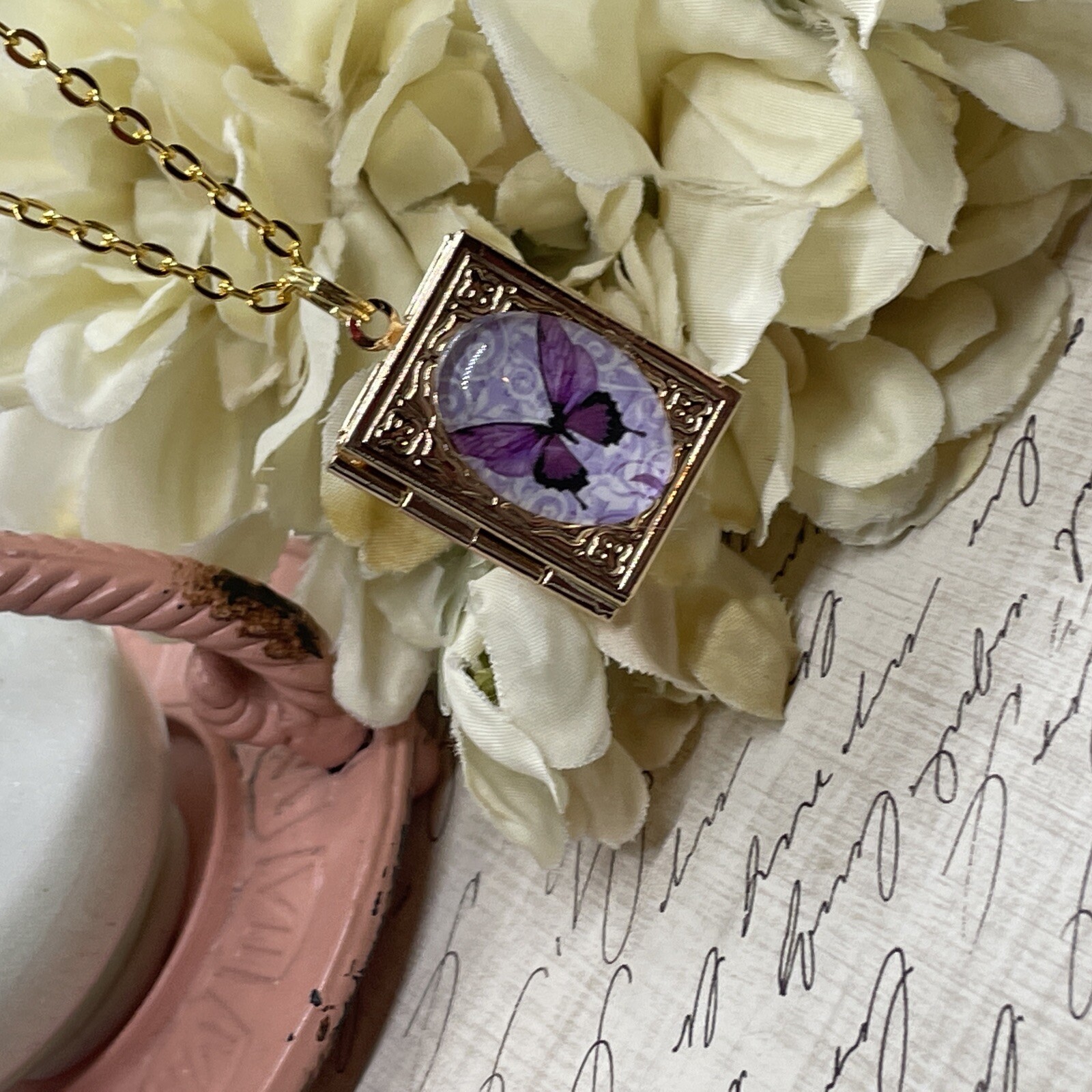 Gold Birthday anniversary purple BUTTERFLY book Locket pendant necklace photo