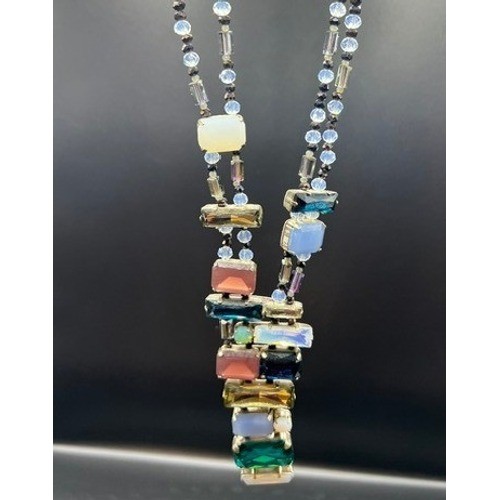 Rare Vtg J Crew Mixed Crystal Sea Glass Statement Necklace Asymmetric Iridescent