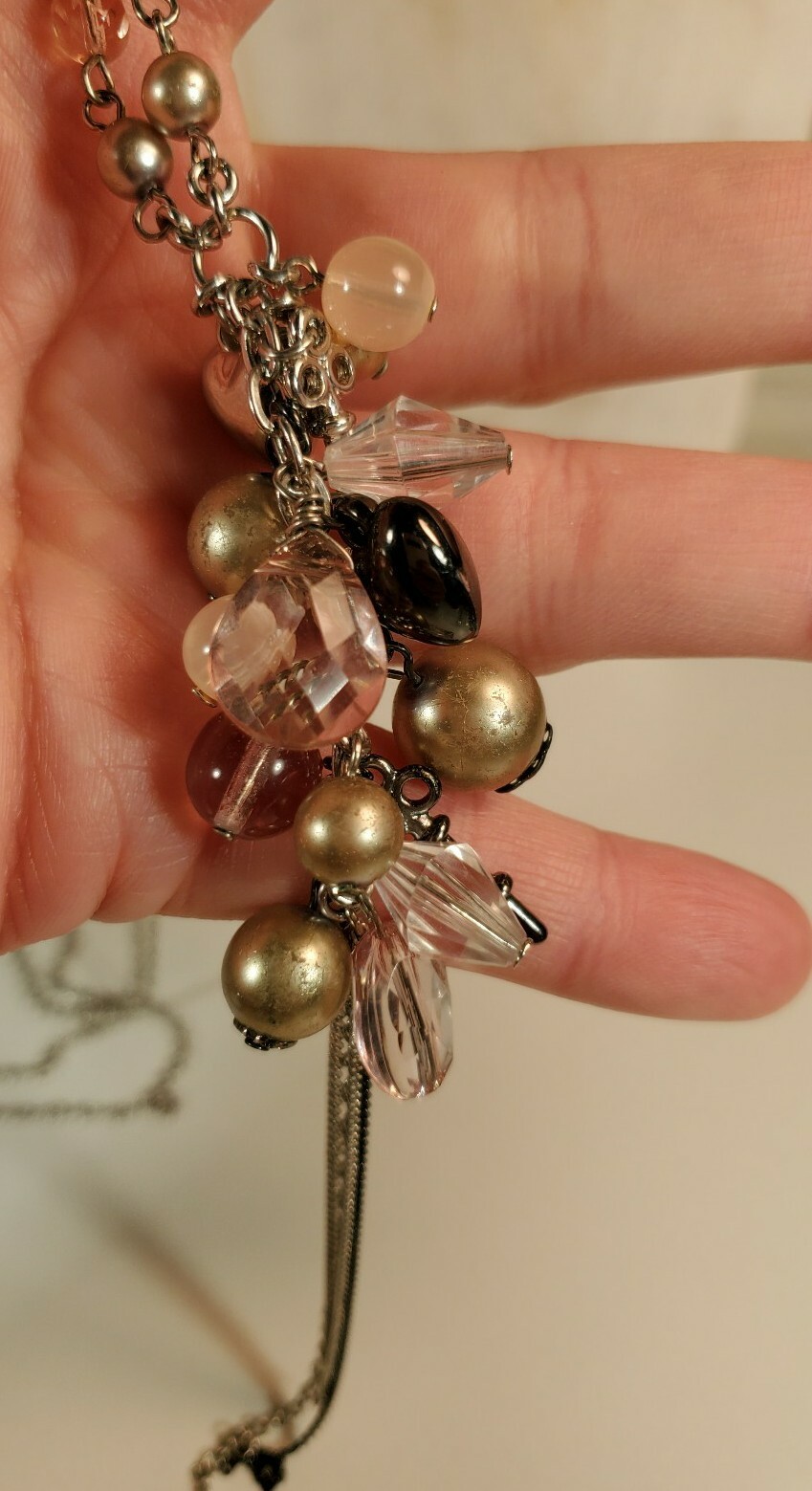 Cluster Necklace Silver Chain Pink Gold Beads 28-30″ With 7″ Drop Heart Keys
